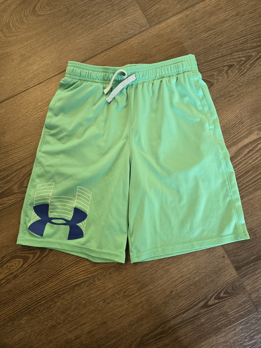Under Armour Boys Mint Green Athletic Shorts with Navy Logo